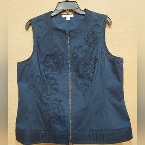 Coldwater Creek Navy Blue Floral Embroidery Front Zip Vest Jacket Size 14
